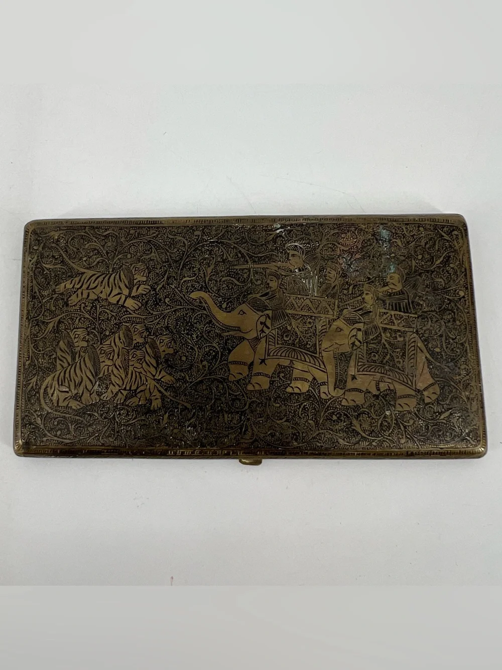 Vintage Brass Etched Cigarette Case Elastic Band Ornate Elephants Hunting Patina